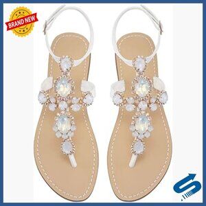Rhinestone Gladiator Sandals Flat Wedding Bohemian Gem Pearl Sparkling Bridal
